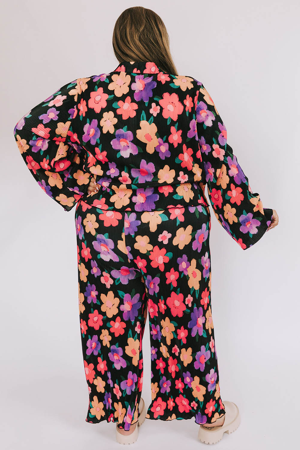 Black Plus Size Floral Long Sleeve Shirt and Pants Set Plus Size JT's Designer Fashion