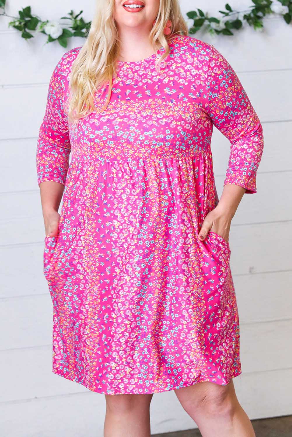 Pink Plus Size Sweet Floral Pocketed 3/4 Sleeve Dress Plus Size JT's Designer Fashion