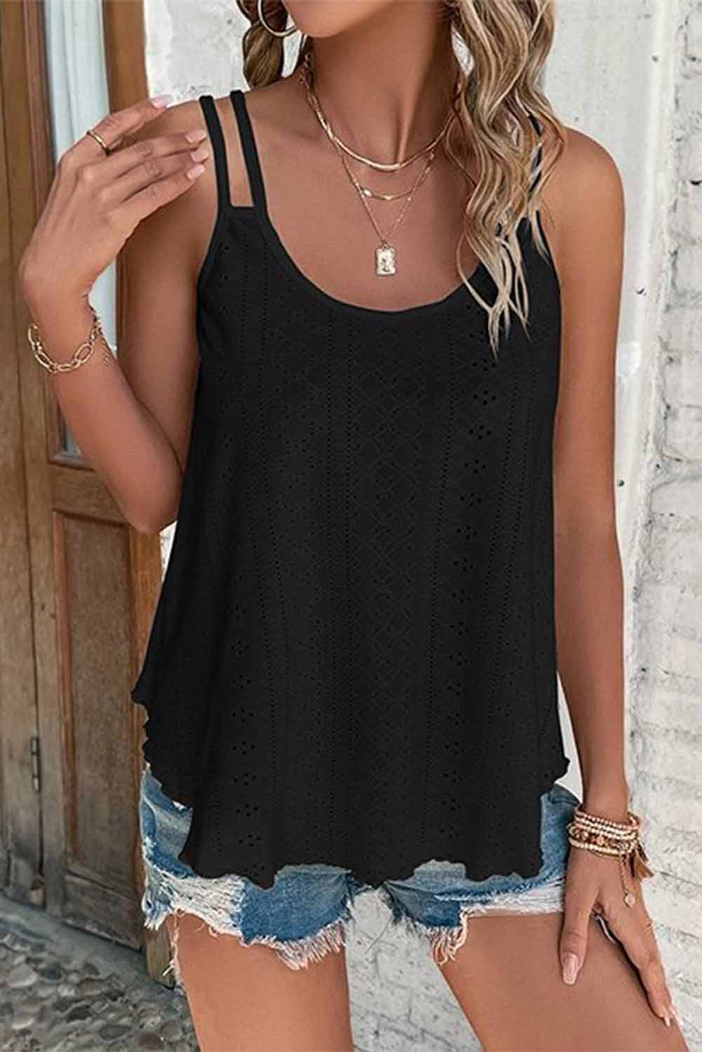 Black Eyelet Strappy Scoop-Neck Tank Top Tops & Tees JT's Designer Fashion