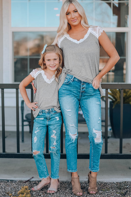 Gray Lace Knit Cap Sleeve Top Gray 95%Polyester+5%Spandex Family T-shirts JT's Designer Fashion