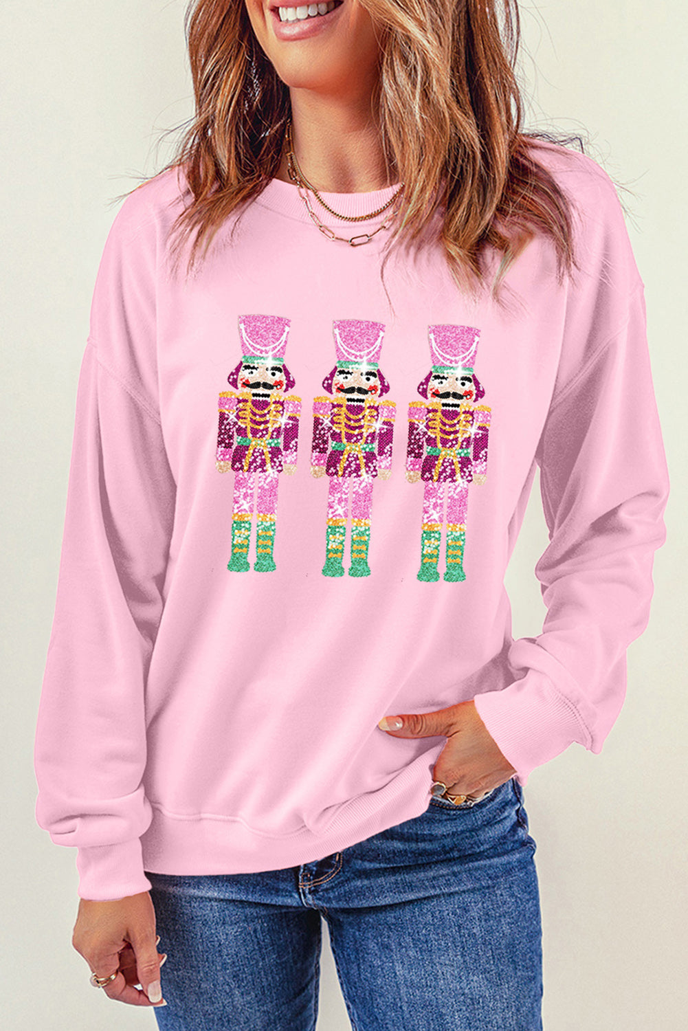 Pink Christmas Neon Nutcrackers Crewneck Sweatshirt Graphic Sweatshirts JT's Designer Fashion