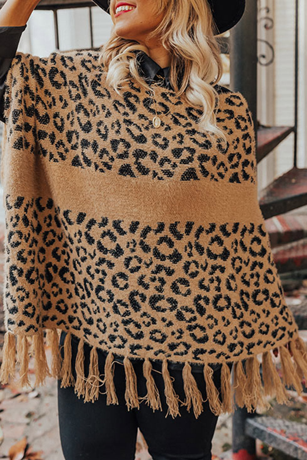 Leopard Fringed Trim Plus Size Cape Plus Size JT's Designer Fashion