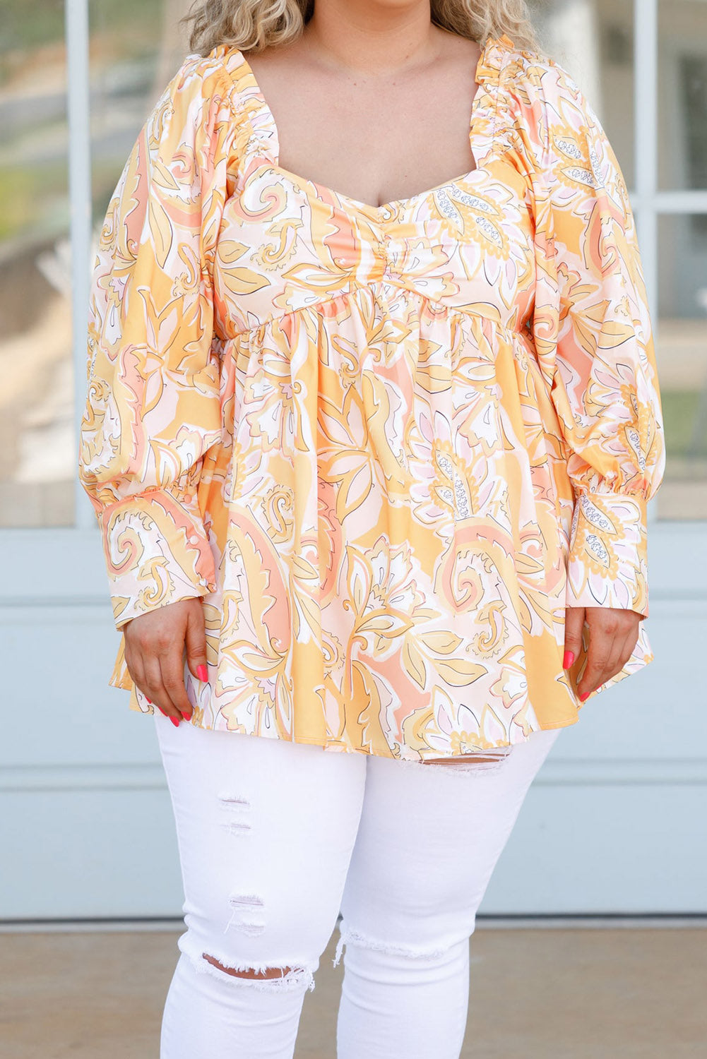 Yellow Floral Print Square Neck Plus Size Babydoll Blouse Plus Size JT's Designer Fashion