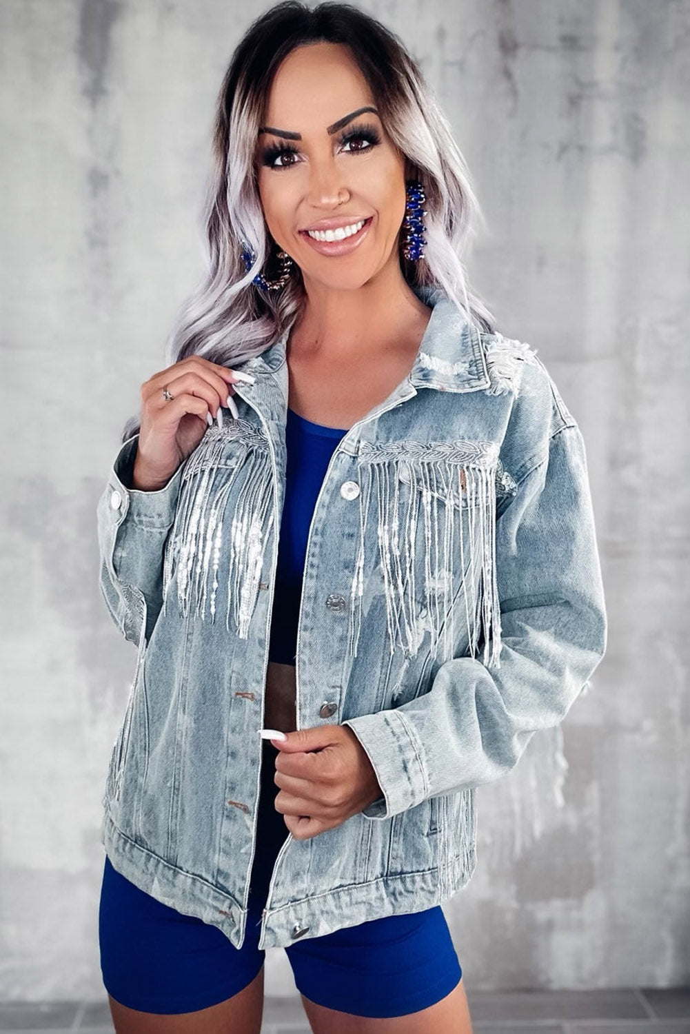 Sky Blue Sequin Fringe Star Print Frayed Denim Jacket Denim jackets JT's Designer Fashion