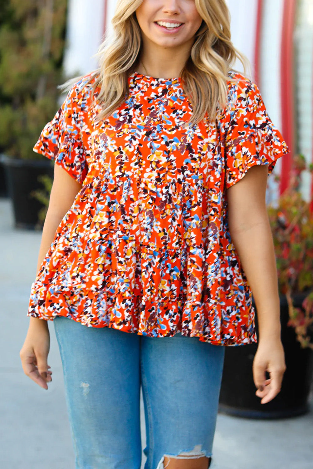 Orange Floral Printed Ruffle Sleeve Curvy Babydoll Blouse Plus Size JT's Designer Fashion