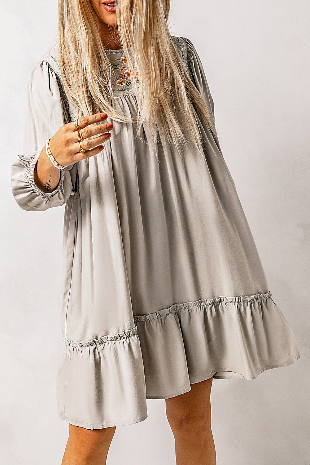 Gray Floral Embroidered Long Sleeve Babydoll Mini Dress Mini Dresses JT's Designer Fashion