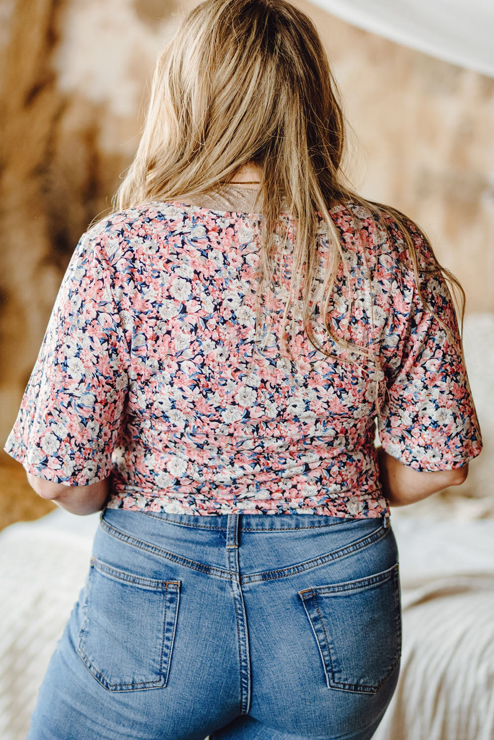 Multicolor Plus Size Floral Print Drawstring Ruched Crop Top Plus Size Tops JT's Designer Fashion