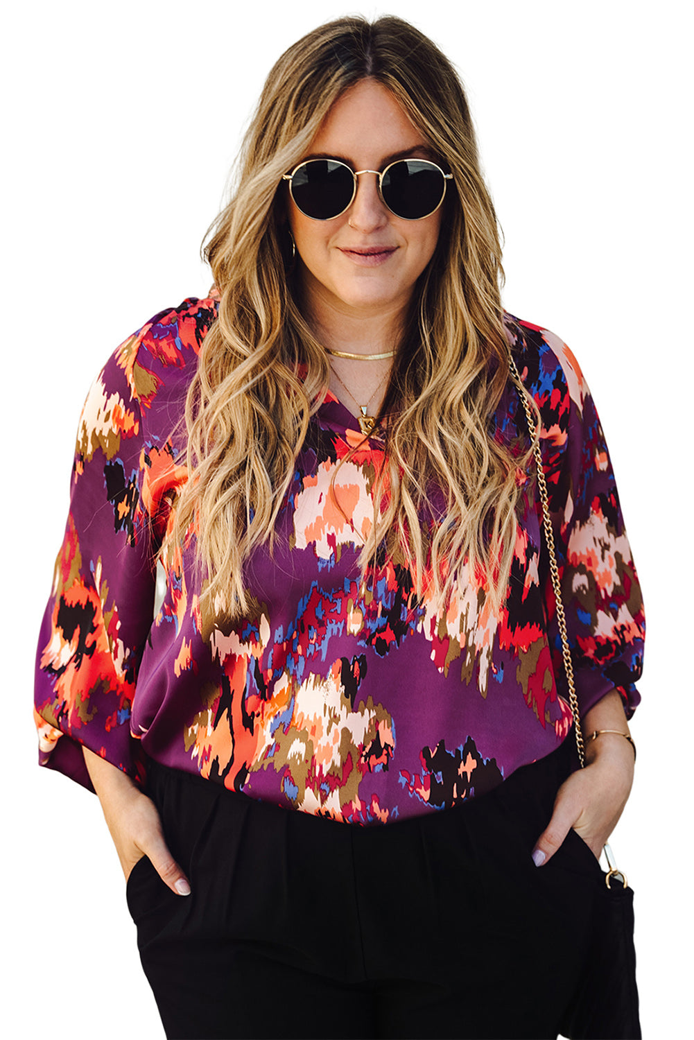 Purple Plus Size Abstract Print V-Neck Long Sleeve Blouse Plus Size JT's Designer Fashion