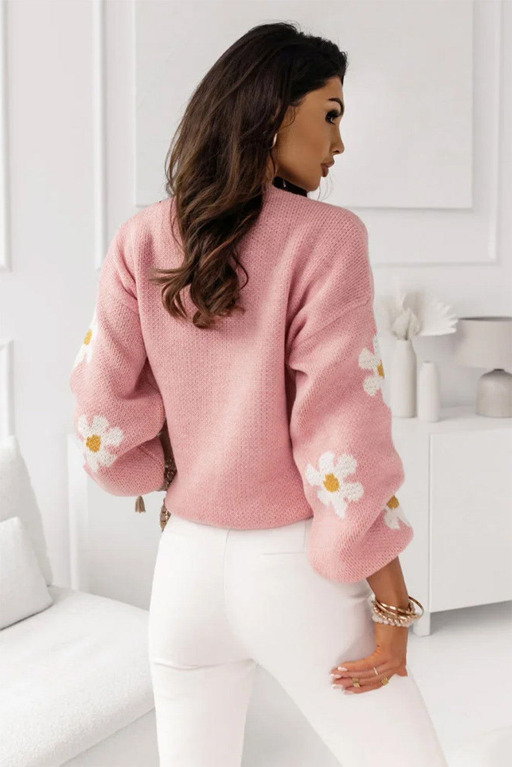 Pink Plus Size Drop Shoulder Flower Pattern Knit Sweater Plus Size JT's Designer Fashion