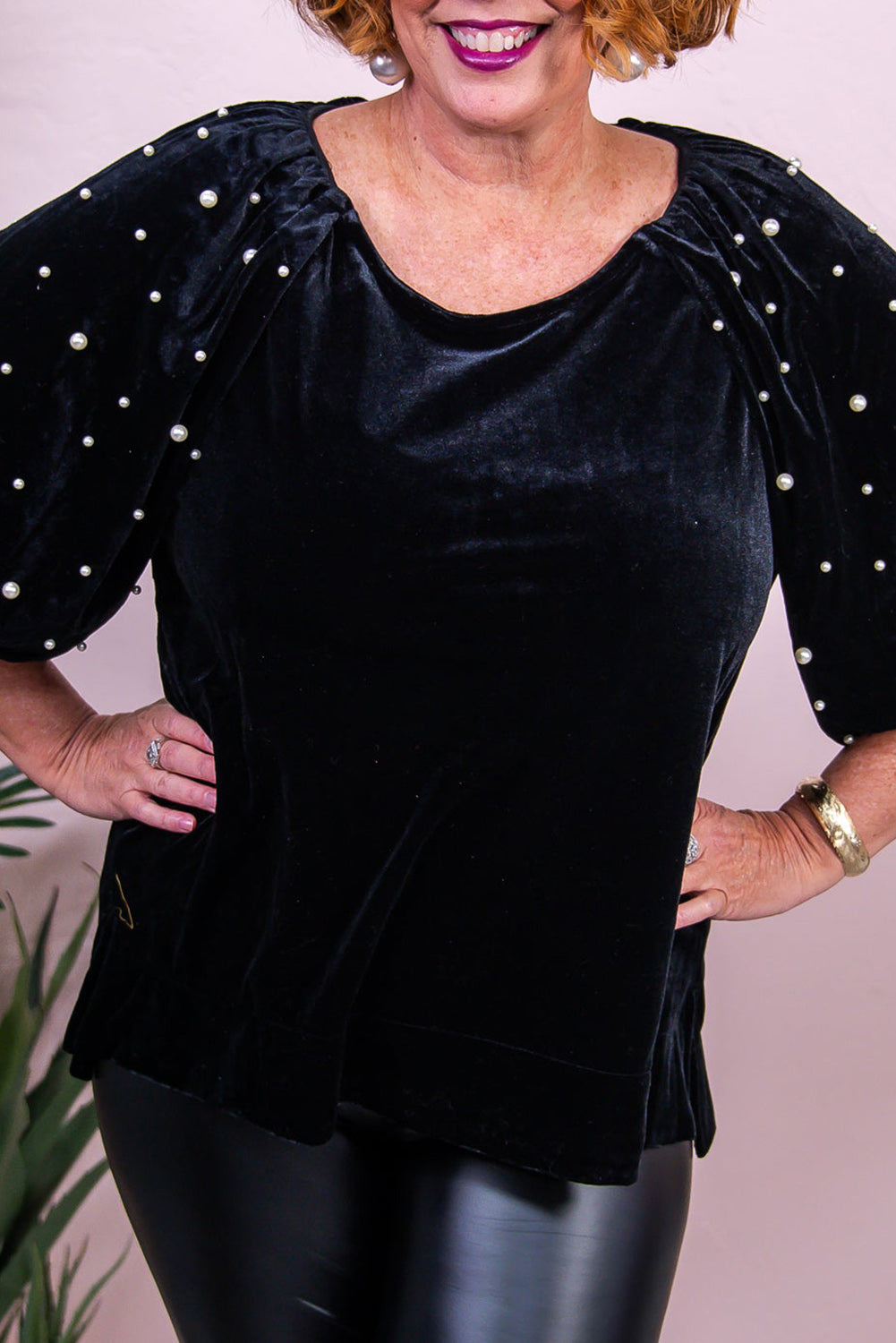 Black Pearl Embellished Puff Sleeve Velvet Curvy Top Plus Size JT's Designer Fashion