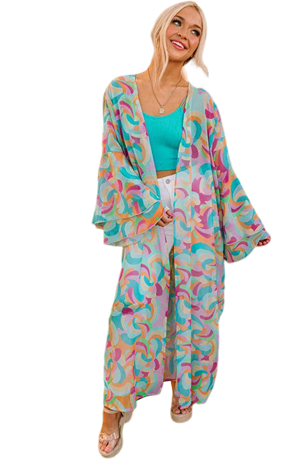 Multicolor Printed Double Layered Bell Sleeve Long Flowy Cardigan Kimonos JT's Designer Fashion