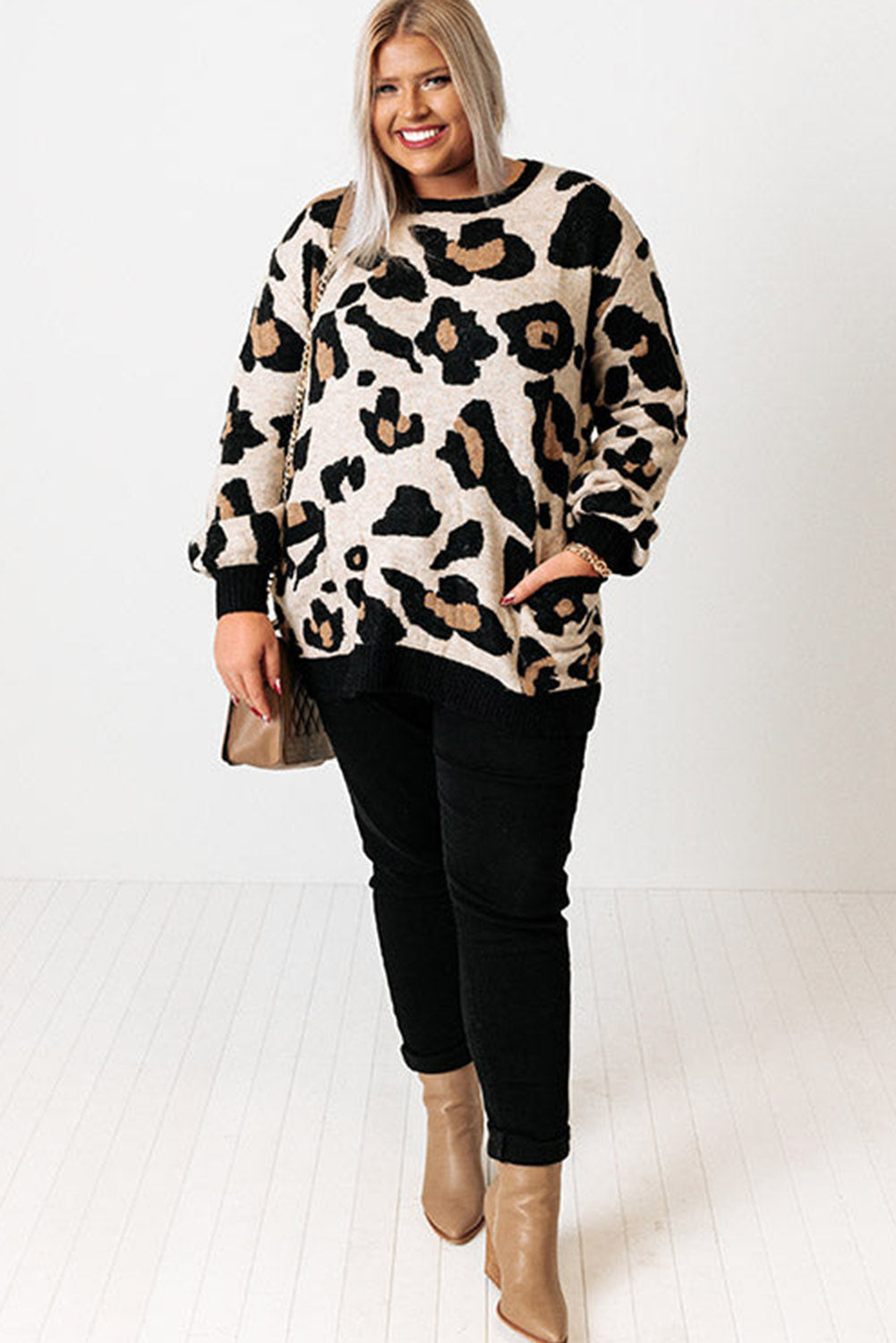 Leopard Brushed Knit Pocketed Plus Size Sweater Plus Size JT's Designer Fashion