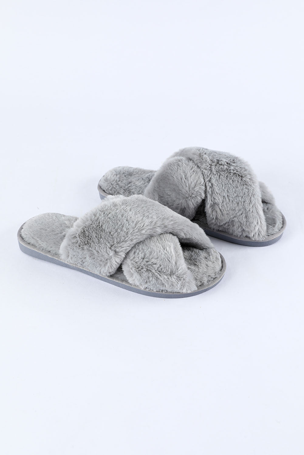 Gray Crossed Straps Winter Furry Slippers Slippers JT's Designer Fashion