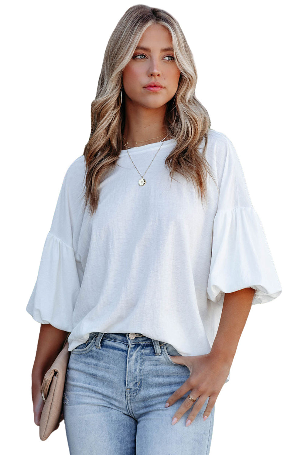 White Joint Bubble Sleeve Round Neck Blouse Blouses & Shirts JT's Designer Fashion