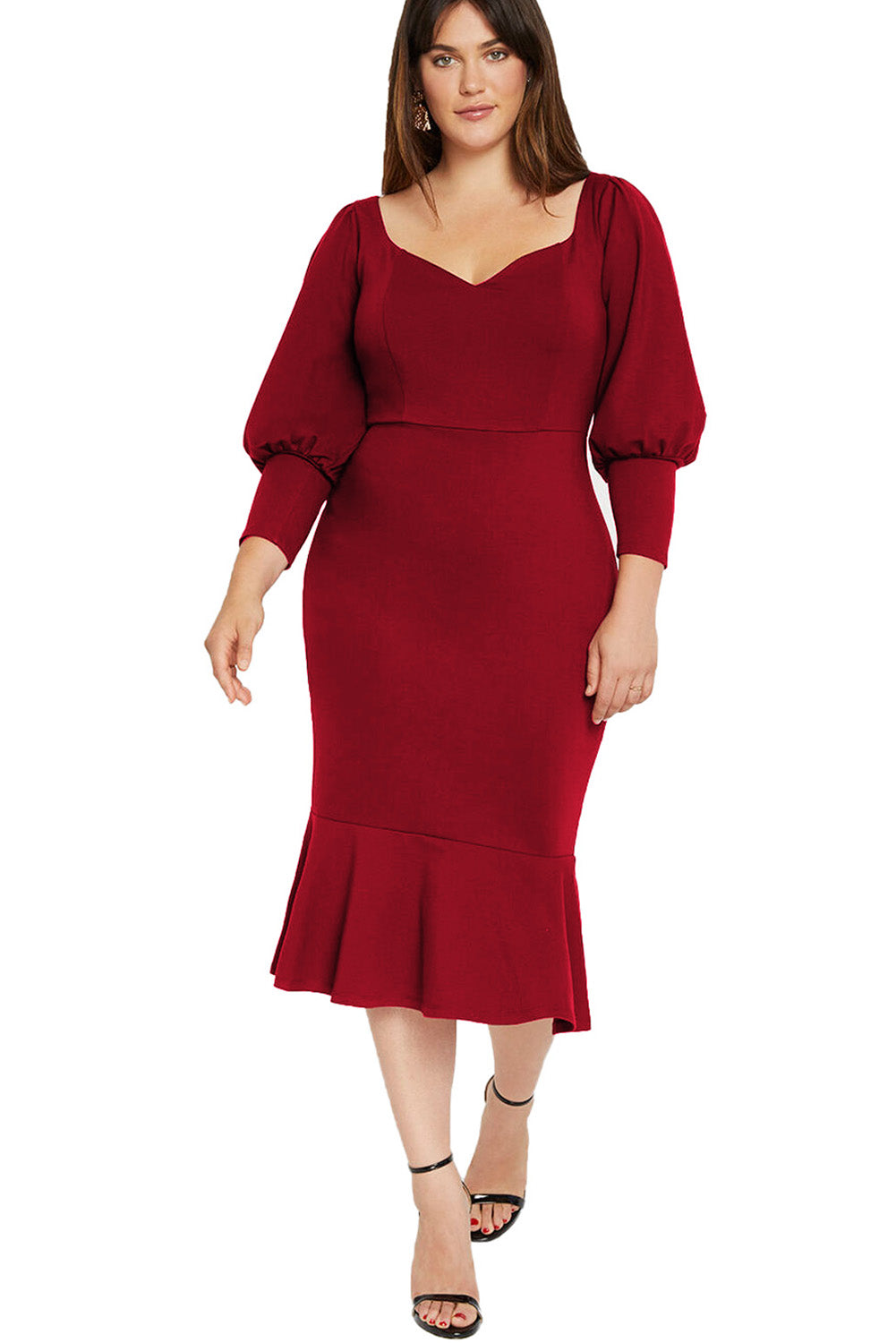 Red Plus Size Puff Sleeve Ruffle Hem Midi Dress Plus Size JT's Designer Fashion