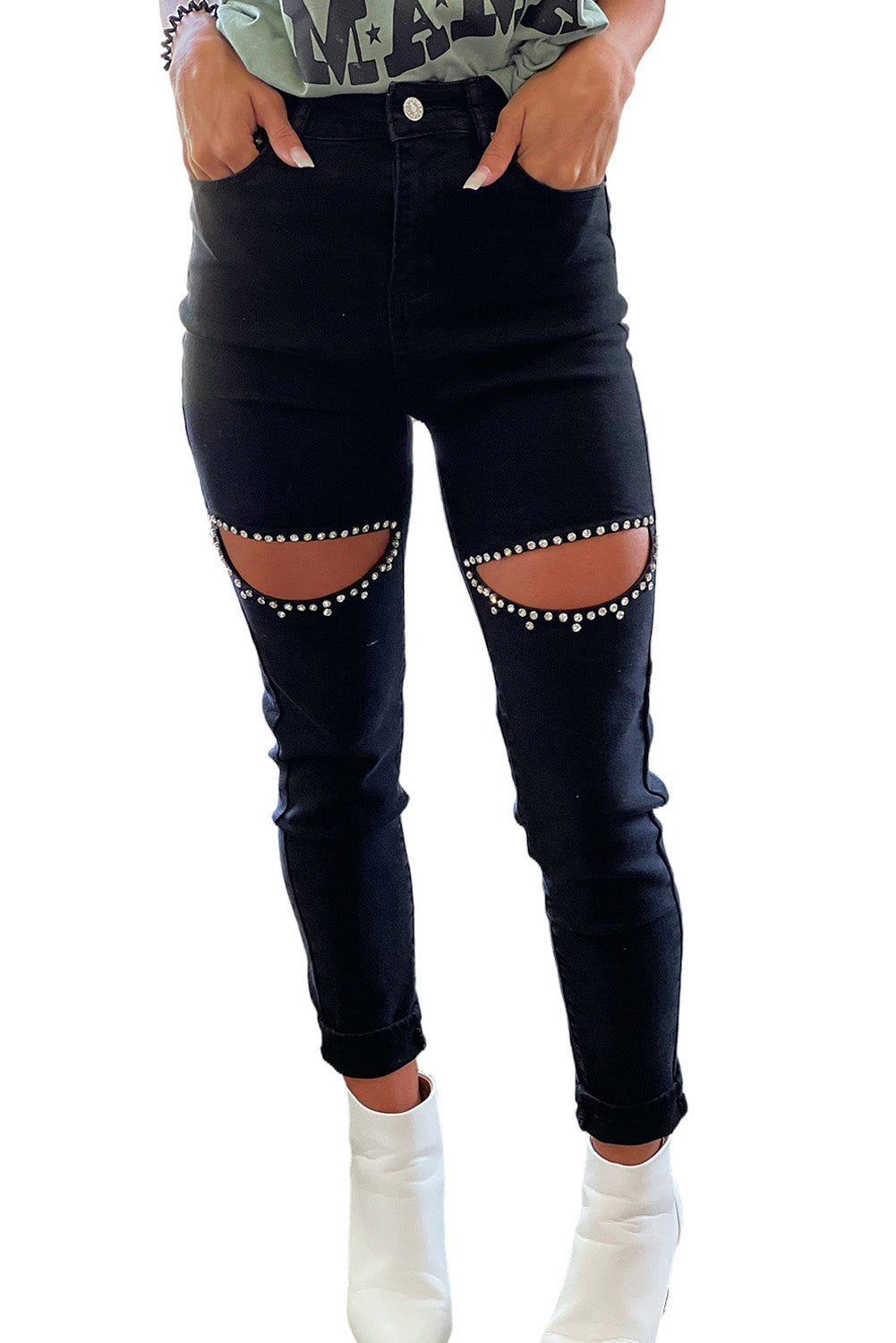 Black Rhinestone Cutout Skinny Jeans Jeans JT's Designer Fashion