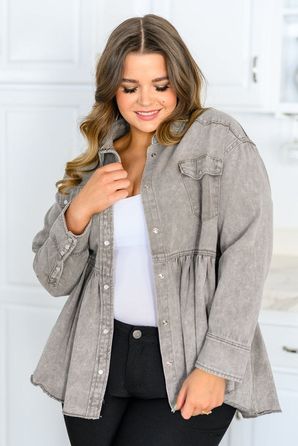 Gray Acid Wash Buttoned Ruffled Plus Size Denim Shacket Plus Size JT's Designer Fashion