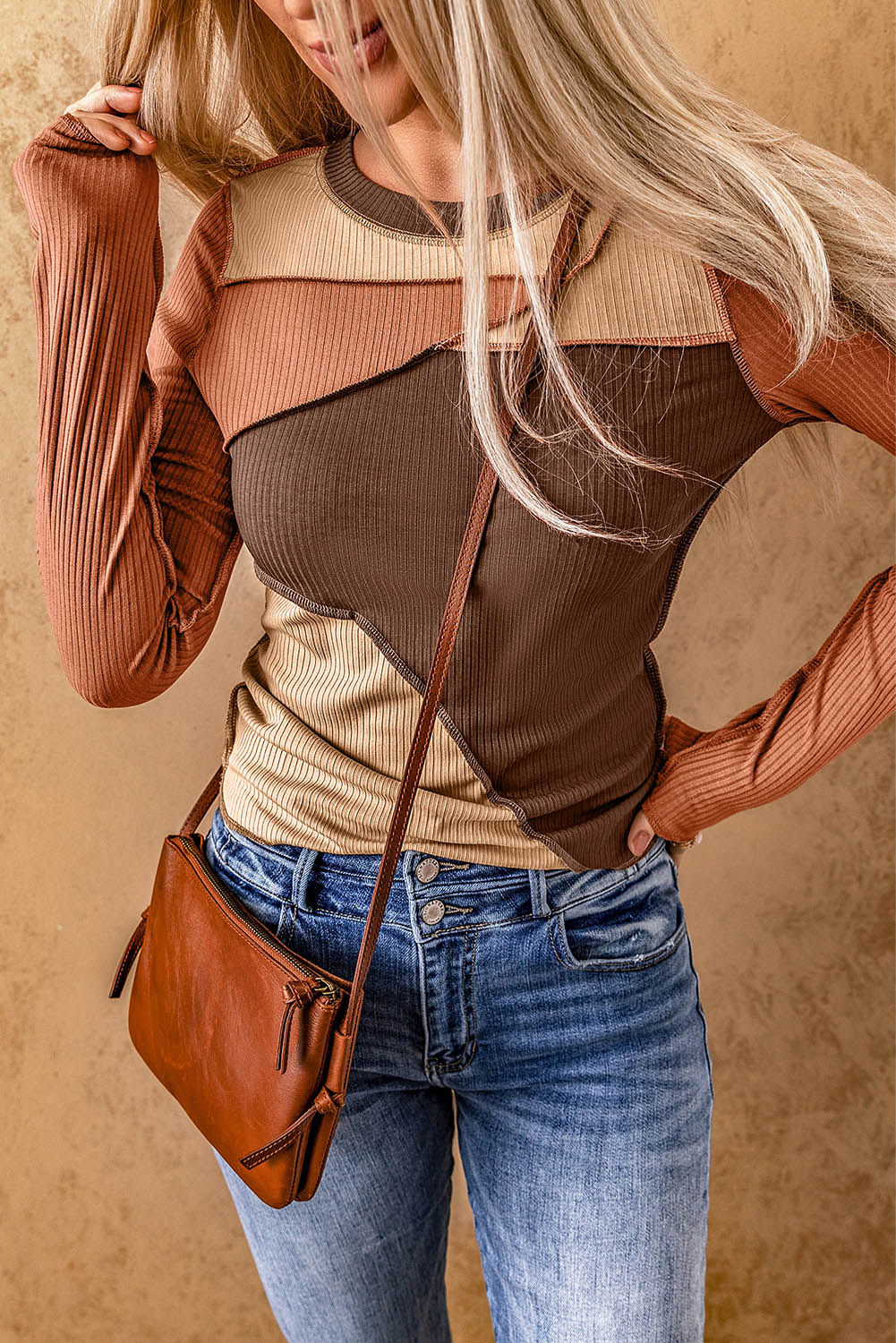 Brown Expose Seam Color Block Ribbed Knit Top Tops & Tees JT's Designer Fashion