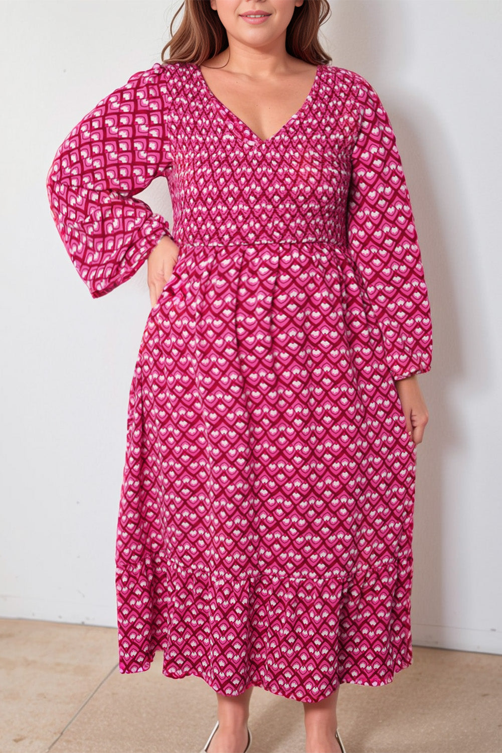 Pink Ethnic Print Wide Sleeve Plus Size Long Dress Plus Size JT's Designer Fashion