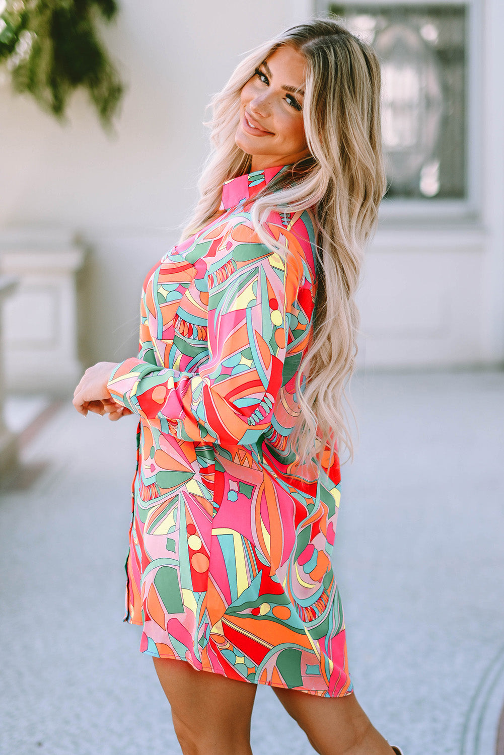 Multicolour Geometric Print Button-up Plus Size Mini Dress Plus Size JT's Designer Fashion