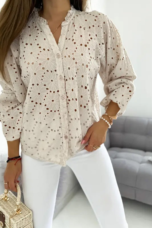 Apricot Hollow Out Embroidered Floral Shirt Tops & Tees JT's Designer Fashion