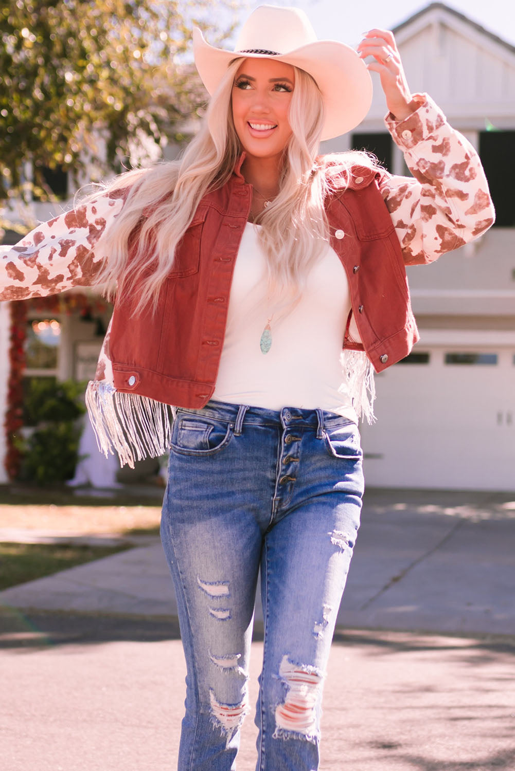 Red Abstract Print Sleeve Split Fringed Back Denim Jacket Denim jackets JT's Designer Fashion