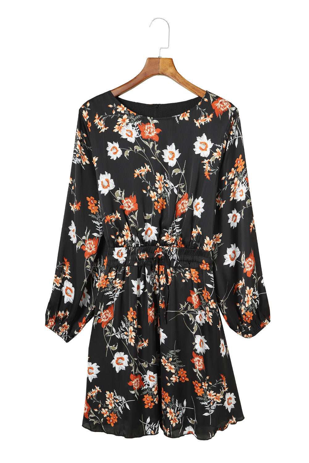 Black Plus Size Drawstring Long Sleeve Floral Dress Plus Size Dresses JT's Designer Fashion