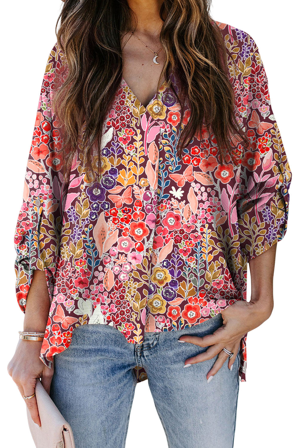 Multicolor Boho Floral Long Sleeve V-Neck Blouse Tops & Tees JT's Designer Fashion