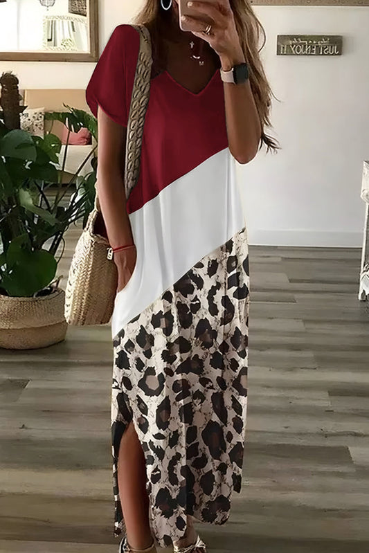 Red Leopard Color Block Side Slit T Shirt Maxi Dress T Shirt Dresses JT's Designer Fashion