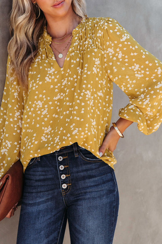 Yellow Split Neck Fall Printed Crinkled Blouse Blouses & Shirts JT's Designer Fashion