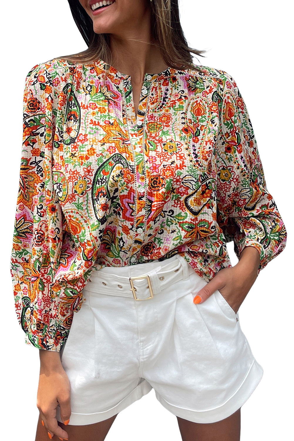 Multicolour Floral Print Lace Splicing Button up Puff Sleeve Shirt Tops & Tees JT's Designer Fashion