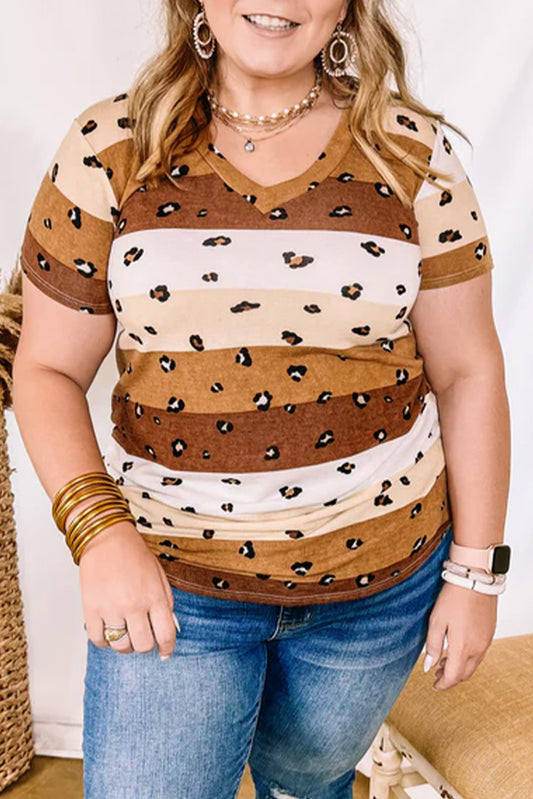 Leopard Color Block V Neck Plus Size T Shirt Plus Size Tops JT's Designer Fashion