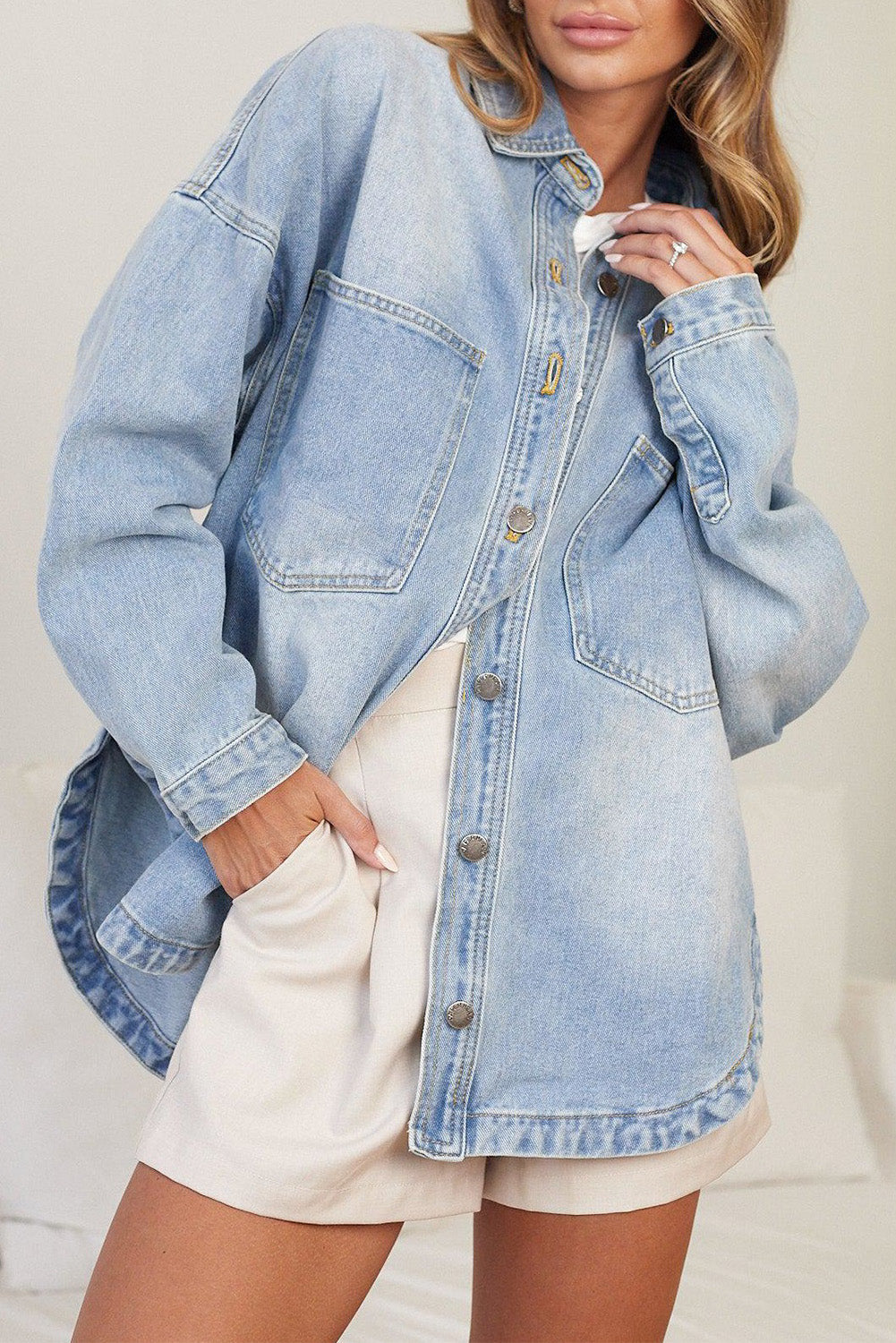 Sky Blue Double Chest Pocket Buttoned Denim Jacket Denim jackets JT's Designer Fashion