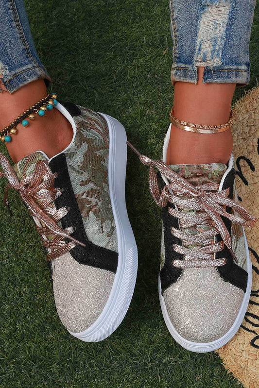 Black Camo Patchwork Sequin Lace-Up Sneakers Women's Shoes JT's Designer Fashion