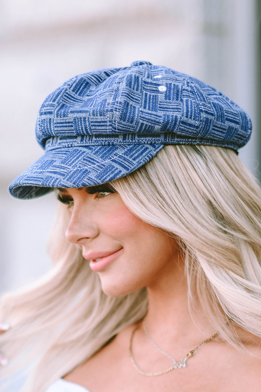 Sky Blue Vintage Checkered Denim Octagonal Hats Hats & Caps JT's Designer Fashion