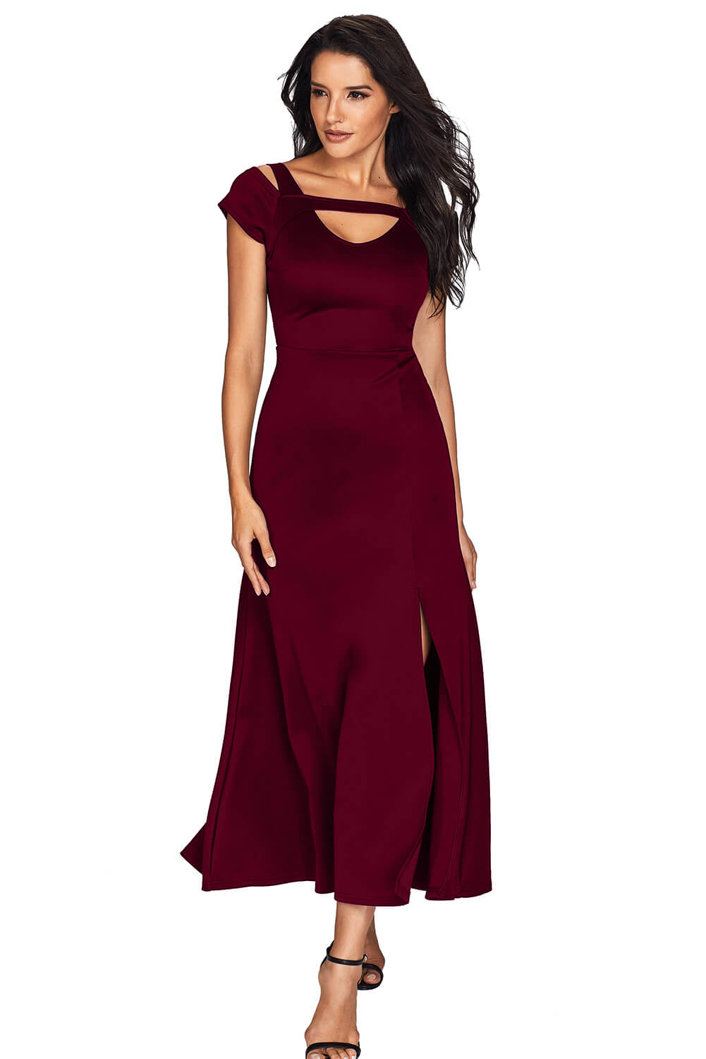 Burgundy Cold Shoulder Front Slit Flare Maxi Dress Maxi Dresses JT's Designer Fashion