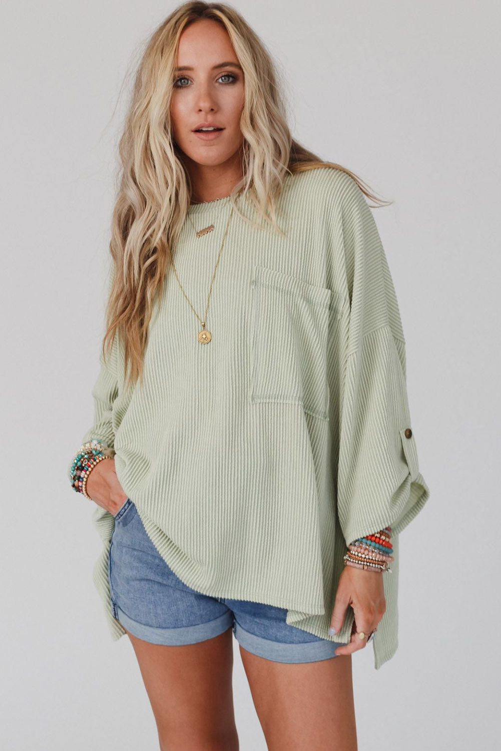 Green Ribbed Roll-tab Sleeve Chest Pocket Oversize Top Tops & Tees JT's Designer Fashion