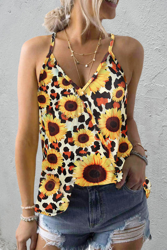 Yellow Sunflower Print Tank Top Yellow 95%Polyester+5%Spandex Tank Tops JT's Designer Fashion