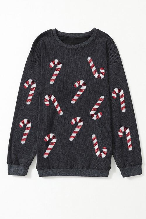 Sequin Candy Cane Round Neck Sweatshirt Graphic Sweatshirts JT's Designer Fashion