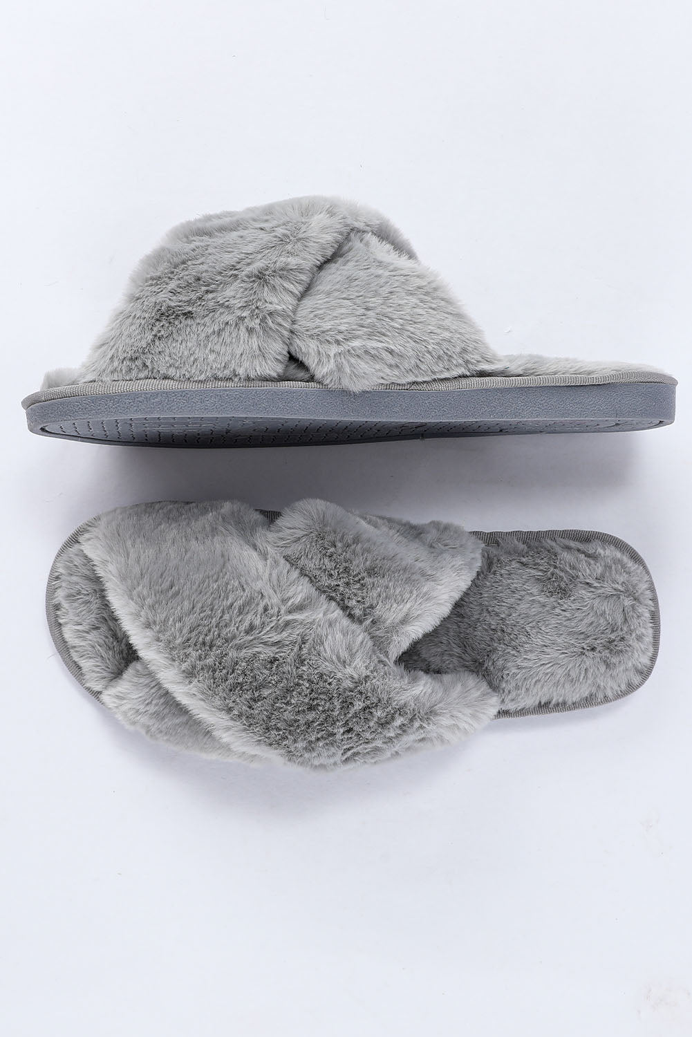 Gray Crossed Straps Winter Furry Slippers Slippers JT's Designer Fashion