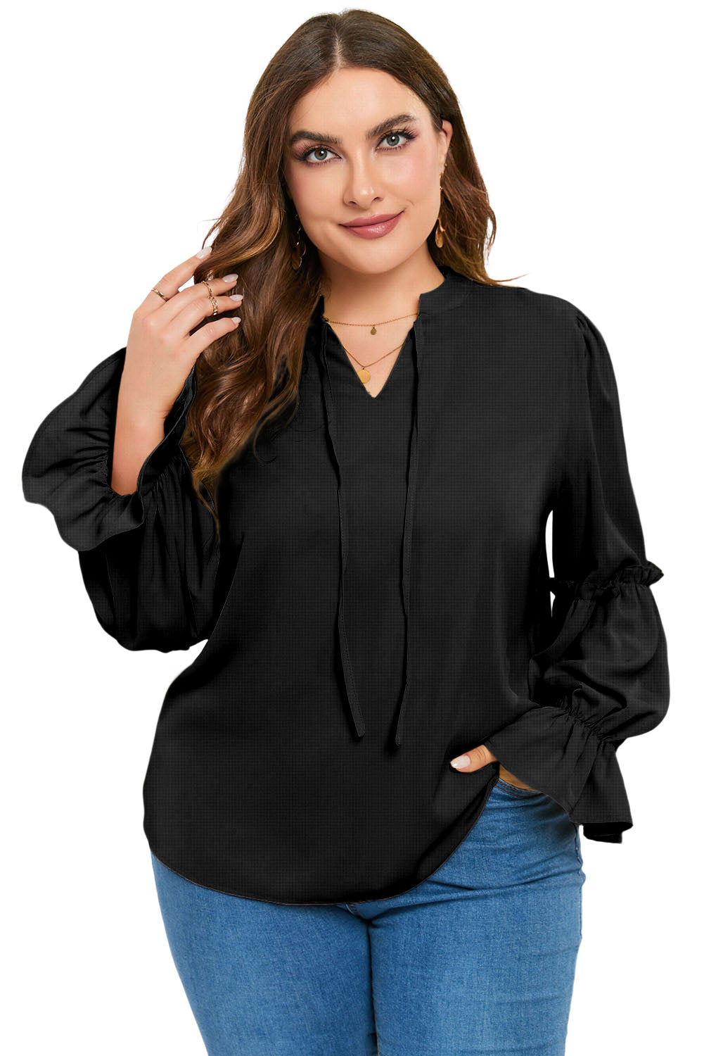 Black Plus Size Split Neck Ruffle Sleeve Blouse Plus Size JT's Designer Fashion