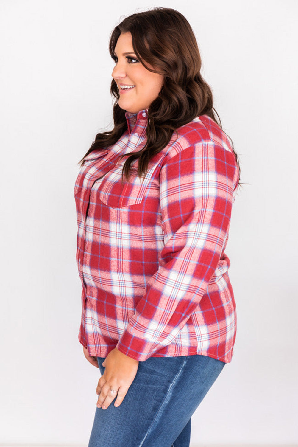 Red Plus Size Plaid Print Flap Pockets Shirt Plus Size JT's Designer Fashion