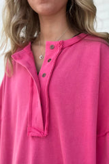 Rose Red Exposed Seam Button Neck Wide Sleeve Tunic Top Tops & Tees JT's Designer Fashion