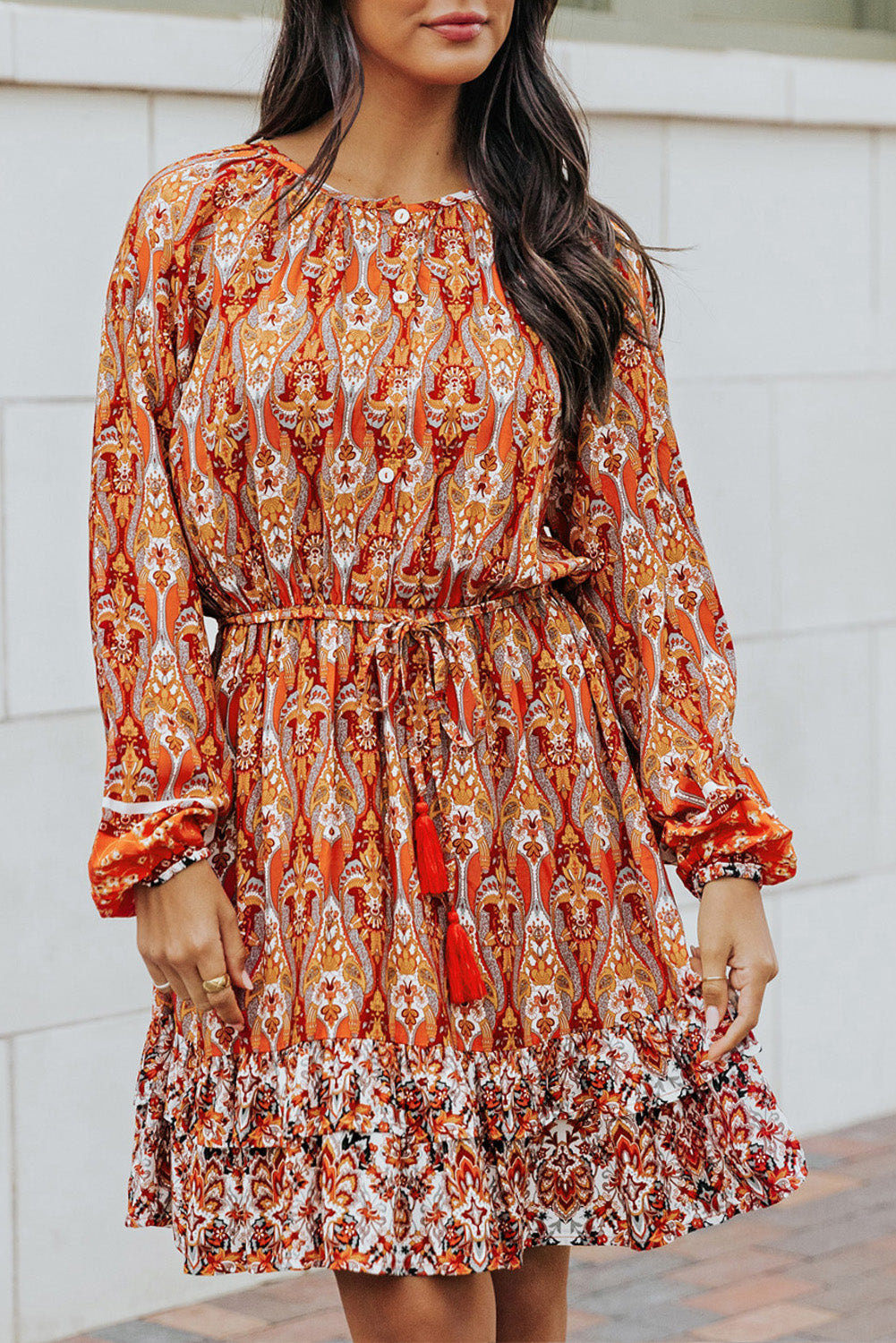 Orange Western Pattern Print Lantern Sleeve Drawstring Mini Dress Mini Dresses JT's Designer Fashion