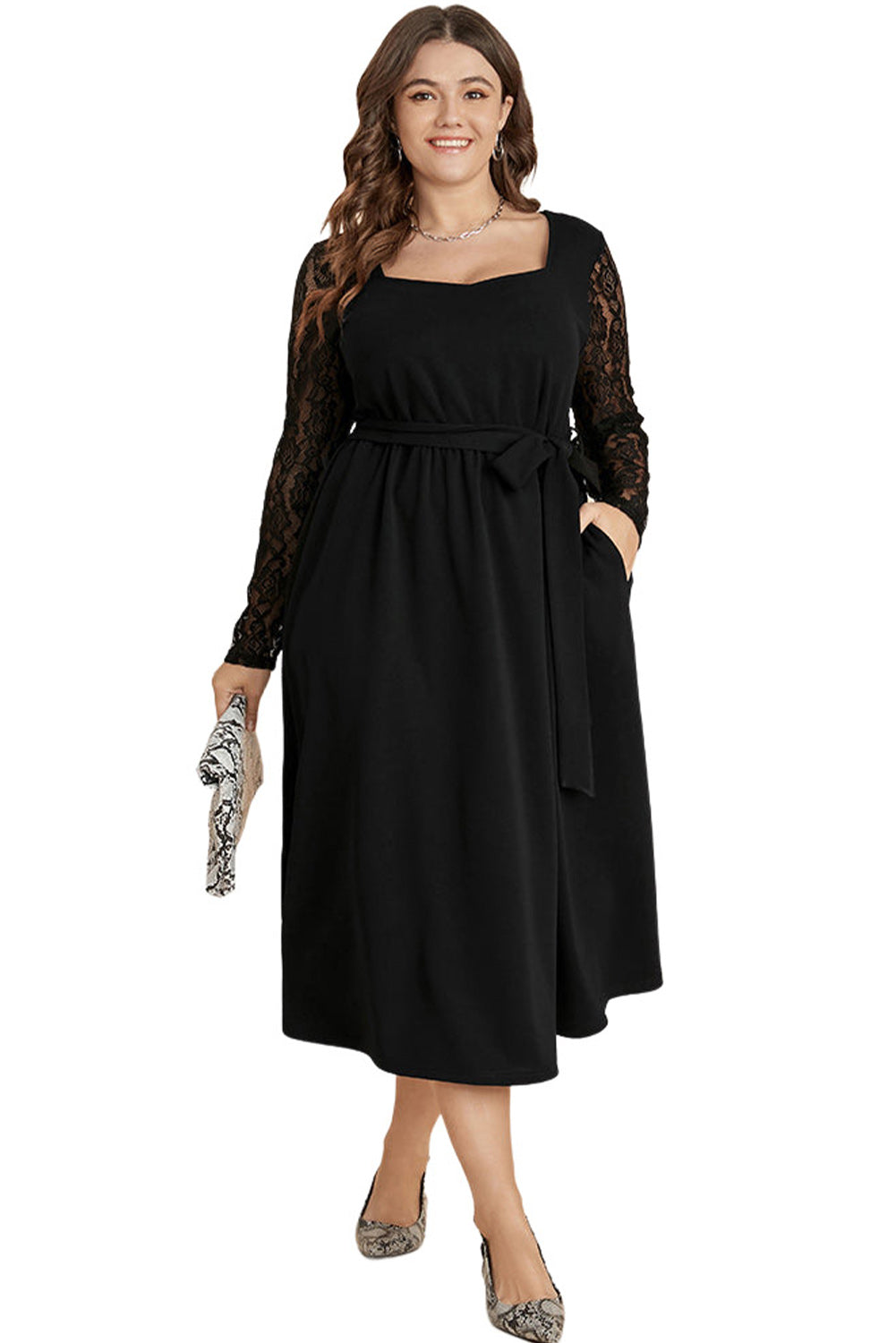 Black Plus Size Sheer Lace Sleeve Belted Ruffle Midi Dress Plus Size JT's Designer Fashion