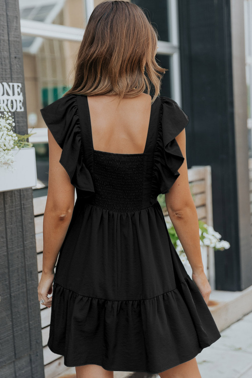 Black Ruffle Trim V Neck Smocking Back Mini Dress Mini Dresses JT's Designer Fashion