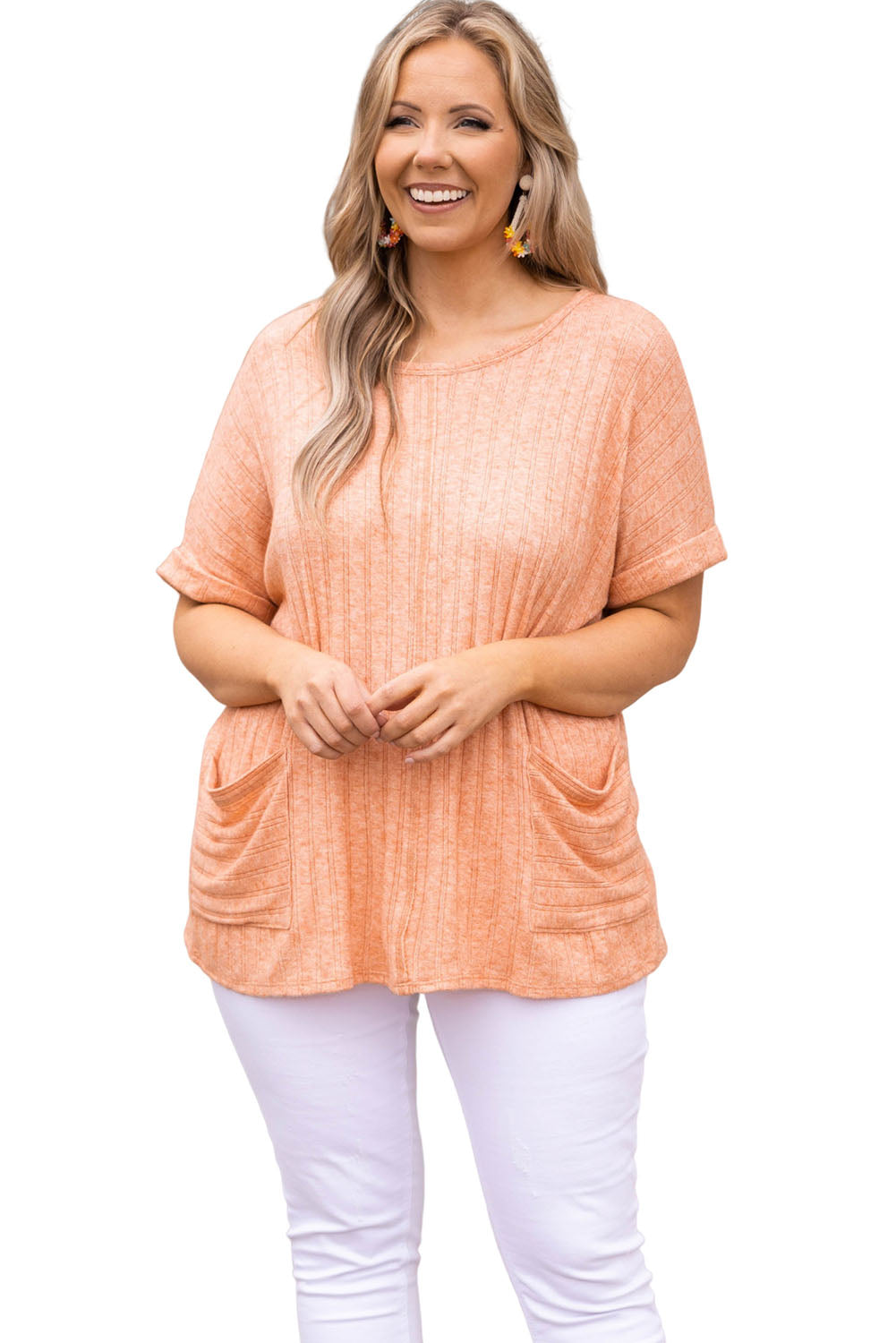 Orange Plus Size Cuffed Short Sleeve Knit Top with Pockets Plus Size JT's Designer Fashion