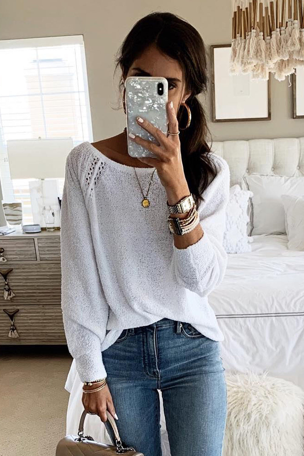 White Long Sleeve Cutout Shoulder Relaxed Sweater Tops & Tees JT's Designer Fashion