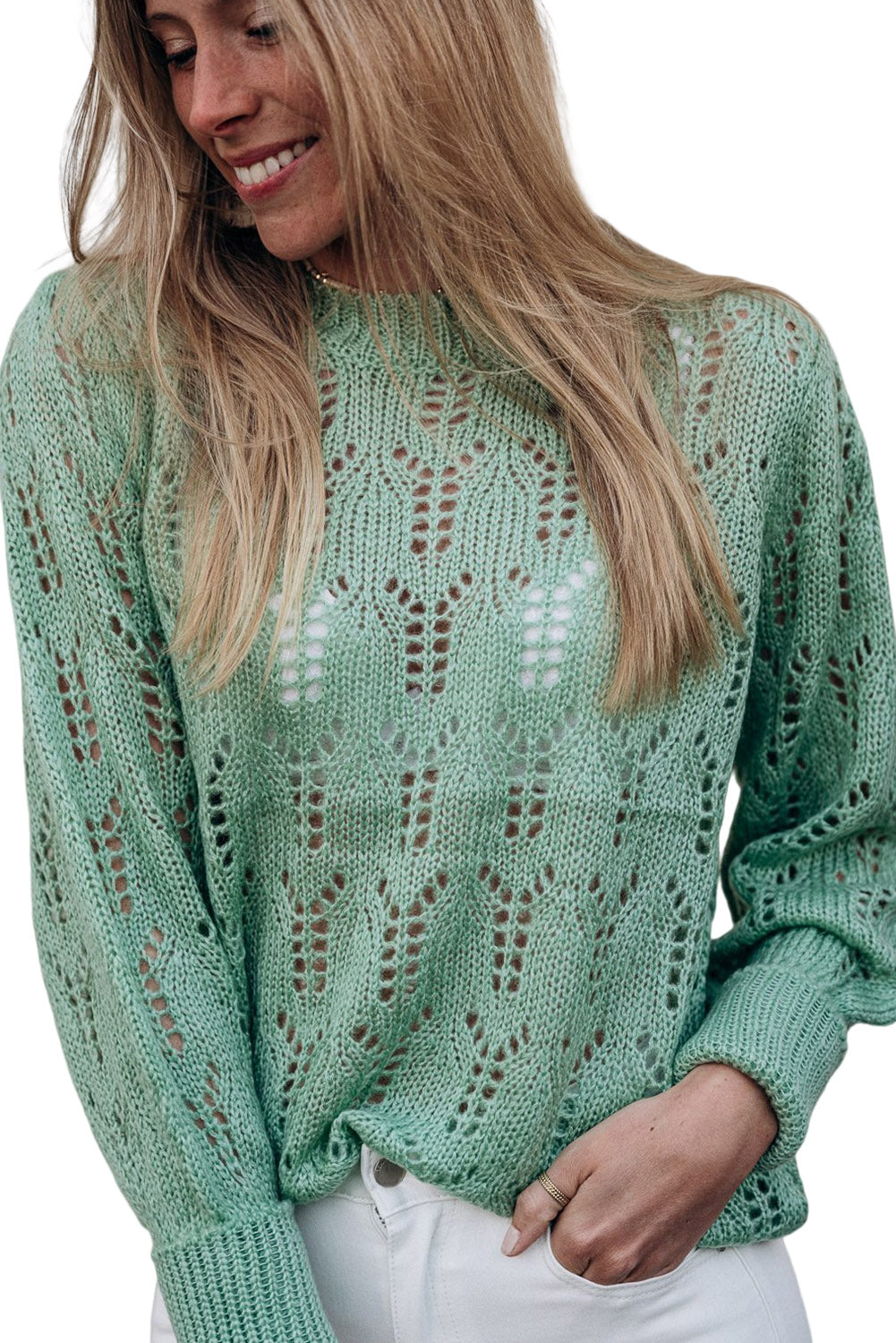 Green Open Knit Long Sleeve Sweater Tops & Tees JT's Designer Fashion