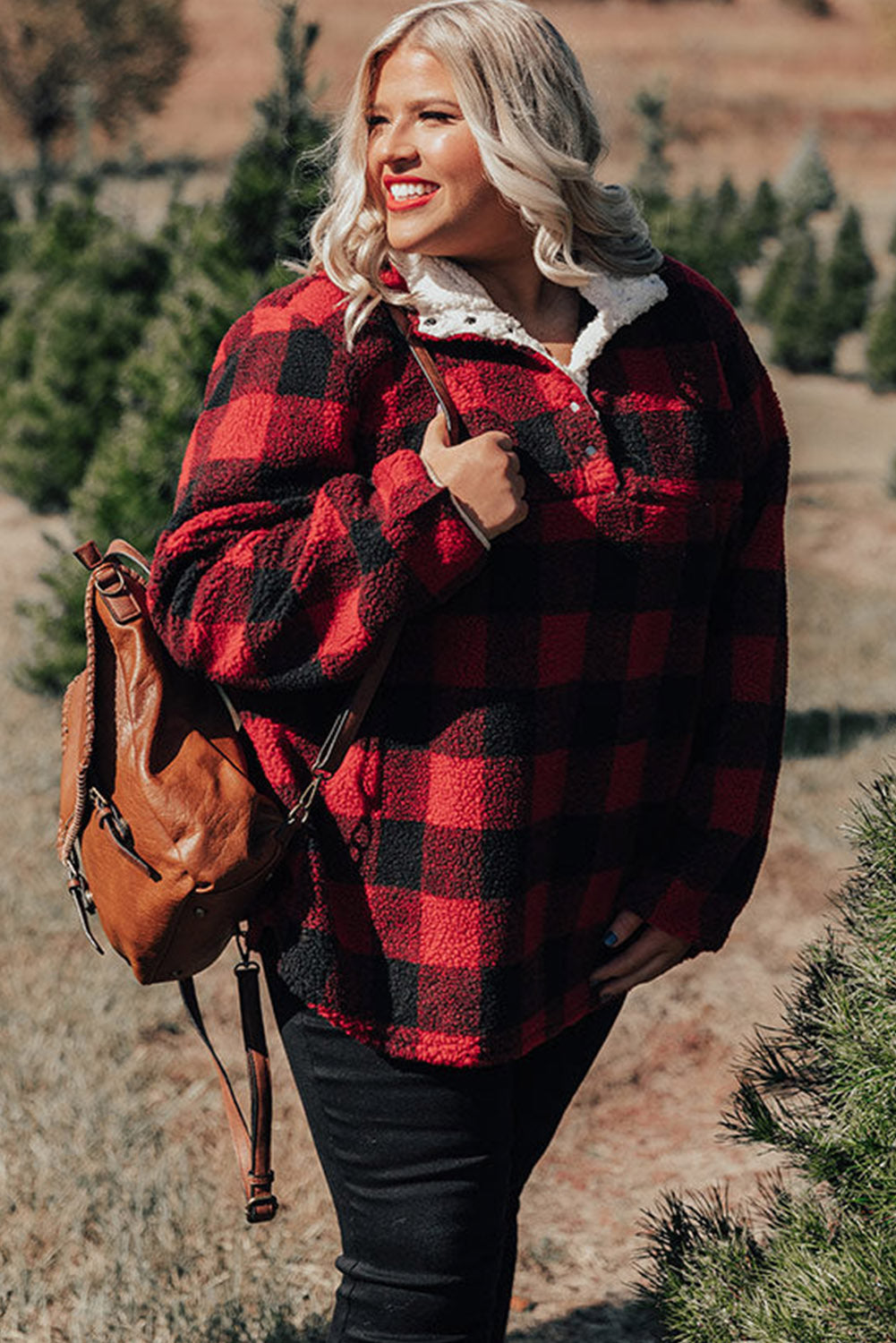 Red Plus Size Buffalo Plaid Sherpa Henley Sweatshirt Plus Size JT's Designer Fashion